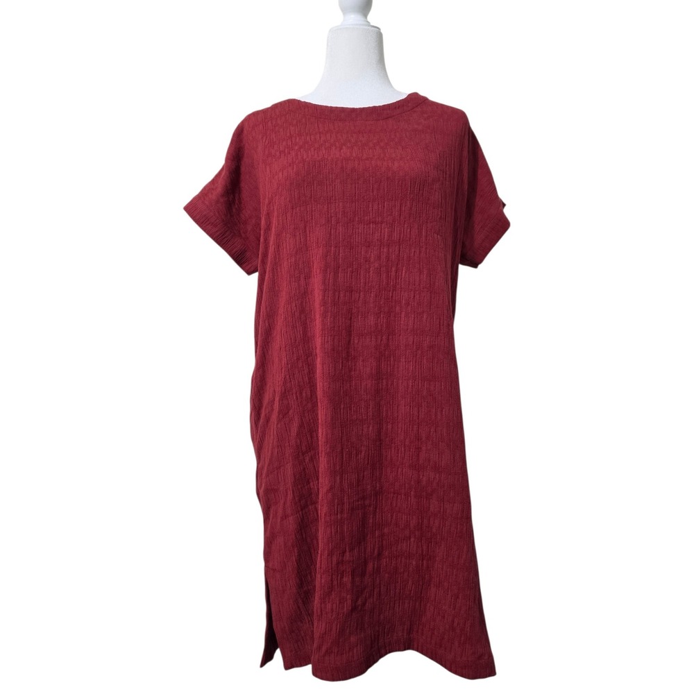 Soft Surroundings Burgundy Red Crinkle Cotton Shift Dress S 2DK10 Short Sleeve